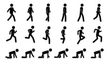 Stick Man Walk. Black Animation Kit Of Walking Running And Crawling Simple Human Silhouette Icons. Vector Pedestrian Run And Walk Sequence