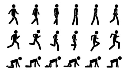 stick man walk. black animation kit of walking running and crawling simple human silhouette icons. v