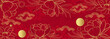 Vector banner with golden lotus flowers and peonies on a red background. Chinese background