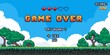 © Tartila - Game over background. Retro pixel 8 bit video game screen with score information, arcade landscape. Vector old classic game screen concept