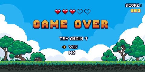 game over background. retro pixel 8 bit video game screen with score information, arcade landscape. 