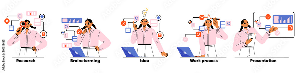 Project Development Images Cartoon Project development business concept with woman developer research ...