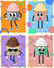 Wall Mural - Set of different funny cupcake cartoon characters