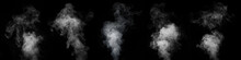 A Set Of Five Different Types Of Swirling Smoke, Steam, Isolated On A Black Background For Overlaying On Your Photos