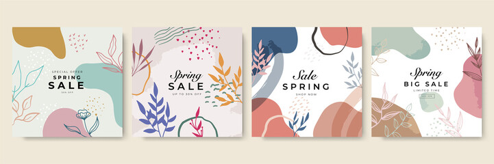 Trendy Spring sale floral square templates. Suitable for social media posts, mobile apps, cards, invitations, banners design and web/internet ads.