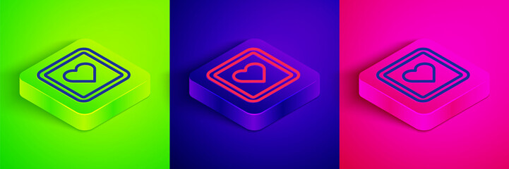Isometric line Like heart icon isolated on green, blue and pink background. Counter Notification Icon. Follower Insta. Square button. Vector