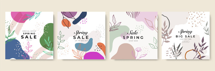 Set of hand drawn shapes in terracotta, navy blue and blush pink colors. Collection of organic shapes, logo, backgrounds,abstract design elements with floral decor.Vector illustration in earthy colors