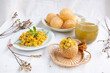 Homemade pani puri, Golgappa Indian snack on cotton calico background