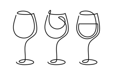 Poster - Wineglasses in continuous line art drawing style. Pouring wine to glass. Black linear design isolated on white background. Vector illustration