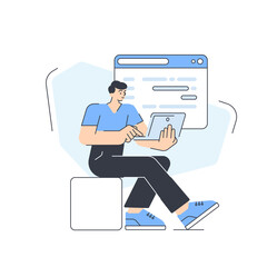 Wall Mural - male coder programming web site service mobile application use laptop vector flat illustration. man 
