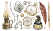Watercolor illustrations: vintage lantern, lock and keys, watch and compass, feather pen, inkwell and chains. isolated