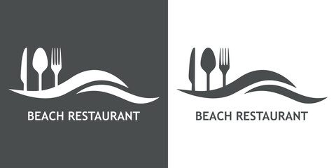 Poster - Logo con texto Beach Restaurant con silueta de cubiertos en olas en fondo gris y fondo blanco