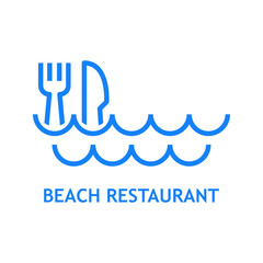 Canvas Print - Logo con texto Beach Restaurant con silueta de cubiertos en olas con líneas en color azul