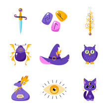 Magic Icon Set. Cartoon Illustration Of Occult Objects Such As Runestones, Witch Hat, Magic Wand, Dagger, Cat, Owl, Beetle And Bag Of Herbs Isolated On A White Background. Vector 10 EPS.
