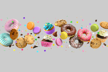 Wall Mural - Donuts, cupcakes, cookies, macarons flying on light background.