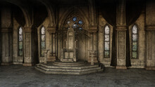 Fantasy Medieval Throne Room With Gothic Arches And Windows. 3D Illustration.
