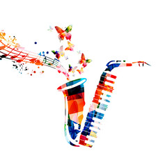 Wall Mural -  Colorful musical poster with saxophone and piano keyboard isolated vector illustration. Live concert events, music festivals and shows creative background, party flyer with musical notes 	