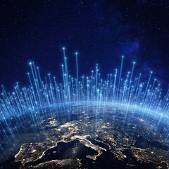 Wall Mural - global communication network above europe viewed from space. internet cellular connection and satell