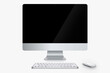 © Leyla - Workplace concept: Mock up blank desktop computer screen with keyboard and mouse isolated on white background. 3d rendering.