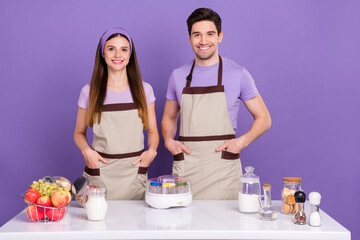 Sticker - Photo of confident cheerful husband wife wear grey aprons cooking domestic dairy isolated violet color background