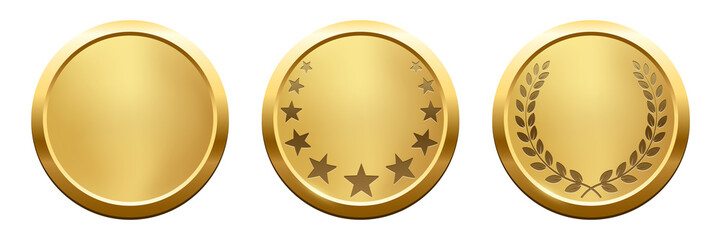 Wall Mural - gold round winner medals with laurel wreath and stars silhouettes, 3d realistic set