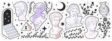 Antique Statues. Colorful Greek Elements, Girls And Men Heads, Figurine Stickers, In Trendy Cartoon Style. Collection Of Hand Drawn Mythical People
