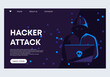Vector illustration of a banner template for a website with a hacker man in a dark hood sitting at a laptop, a darknet user, flat futuristic design internet background image