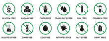 Free Allergen Ingredient Silhouette Black Icon Set. Forbidden Symbol Of GMO, Trans Fat, Sugar, Soy, Egg, Gluten, Corn, Dairy, Sugar, Milk, Paraben And Nitrates. Isolated Vector Illustration