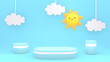 3d rendered product display podiums with cute sun and hanging paper clouds.