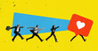 © Lustre Art Group  - Contemporary art collage. People running in a line to get social media like isolated over yellow background. Internet addiction