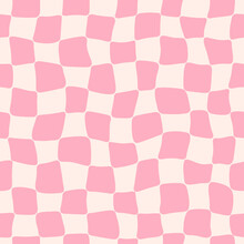 Trippy Grid Seamless Pattern. Groovy Distorted Chessboard Background. Textile Design With Pink Check. Retro Style 60s 70s. Vector Illustration