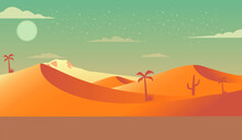 Landscape Of A Moroccan Sahara With Clouds, Sun And Palm Tree Illustration. Western Sahara Vector.