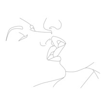 A Kiss. The Face Is A Line. Kissing Couple. Abstract, Modern Art. Drawing A Single Line For Use In Design.