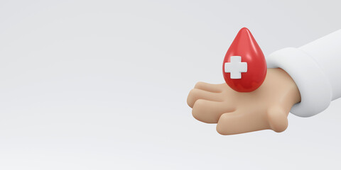 Wall Mural - 3D Rendering of hand holding blood drop with red cross sign background, banner, card, poster concept of world blood donation day. 3D Render illustration cartoon style.