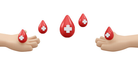 Wall Mural - 3D Rendering of hand holding blood drop with red cross sign background, banner, card, poster concept of world blood donation day. 3D Render illustration cartoon style.