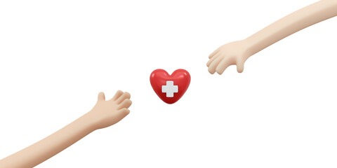 Wall Mural - 3D Rendering of hand holding heart with red cross sign background, banner, card, poster with text inscription concept of world organ donation day, blood donation. 3D Render illustration cartoon style.