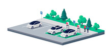 Electric Cars Perpendicular Parking Charging On City Street Road Sideway. Dedicated Spot And Person Standing Talking Near Vehicle. Charger Stations Parking Lot. Vector Illustration On White Background