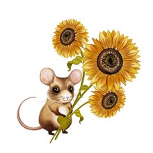 Cartoon Character Baby Mouse With A Bouquet Of Sunflowers