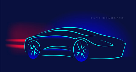 Car silhouette made from lines, side view. Modern blue neon car silhouette for logo, banner for marketing advertising design. Vector illustration. Isolated on blue background.