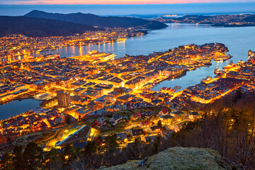 Wall Mural - Bergen harbour aerial view at dusk, Norway