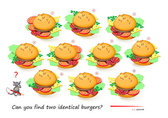 Logic puzzle game for children and adults. Can you find two identical burgers? Page for kids brain teaser book. Task for attentiveness. IQ test. Play online. Underwater life. Vector cartoon image.