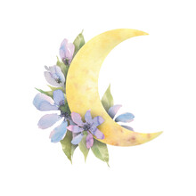 The Moon With Delicate, Abstract Lilac Flowers And Green Leaves. A Gentle, Cute Illustration. Watercolor, Children's Composition. For Decoration, Design, Decoration Of Postcards, Souvenirs, Posters