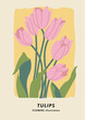 Vector illustration botanical poster with tulip flowers. Art for postcards, wall art, banner, background.