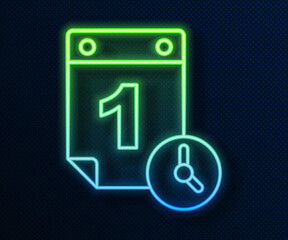 Poster - Glowing neon line Time management icon isolated on blue background. Clock and calendar sign. Productivity symbol. Vector