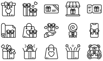 Wall Mural - Set of Vector Icons Related to Gift. Contains such Icons as Gift Box, Gift Card, Gift Voucher, Lollipop, Mobile Phone, Ring and more.