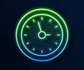 Sticker - Glowing neon line Clock icon isolated on blue background. Time symbol. Vector