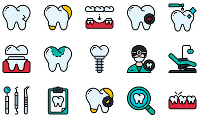 Sticker - Set of Vector Icons Related to Dental. Contains such Icons as Broken Tooth, Decay, Dental Care, Dental Crown, Dental Filling, Dentist and more.