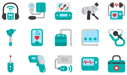 Sticker - Set of Vector Icons Related to Medical Equipment. Contains such Icons as Audiometer, Blood Pressure, Centrifuge, Colposcope, Defibrillator, Otoscope and more.