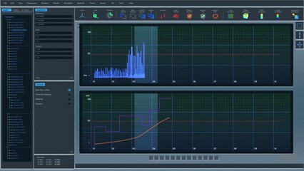 Aufkleber - Technical Monitoring Diagram with Graphs and Analytical Industrial Infographics. Dark Interface with Blue, Purple and Orange Charts. Mock-up VFX Template for Computer Displays in a Control Room.