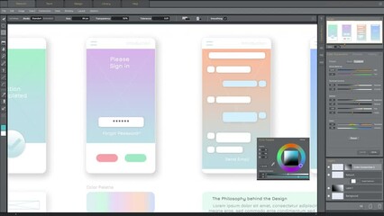 Design Editing Software Mock-up Animation with Mobile User Experience Project. Grey Interface with Multiple Settings Windows. Template for Computer Displays and Laptop Screens.